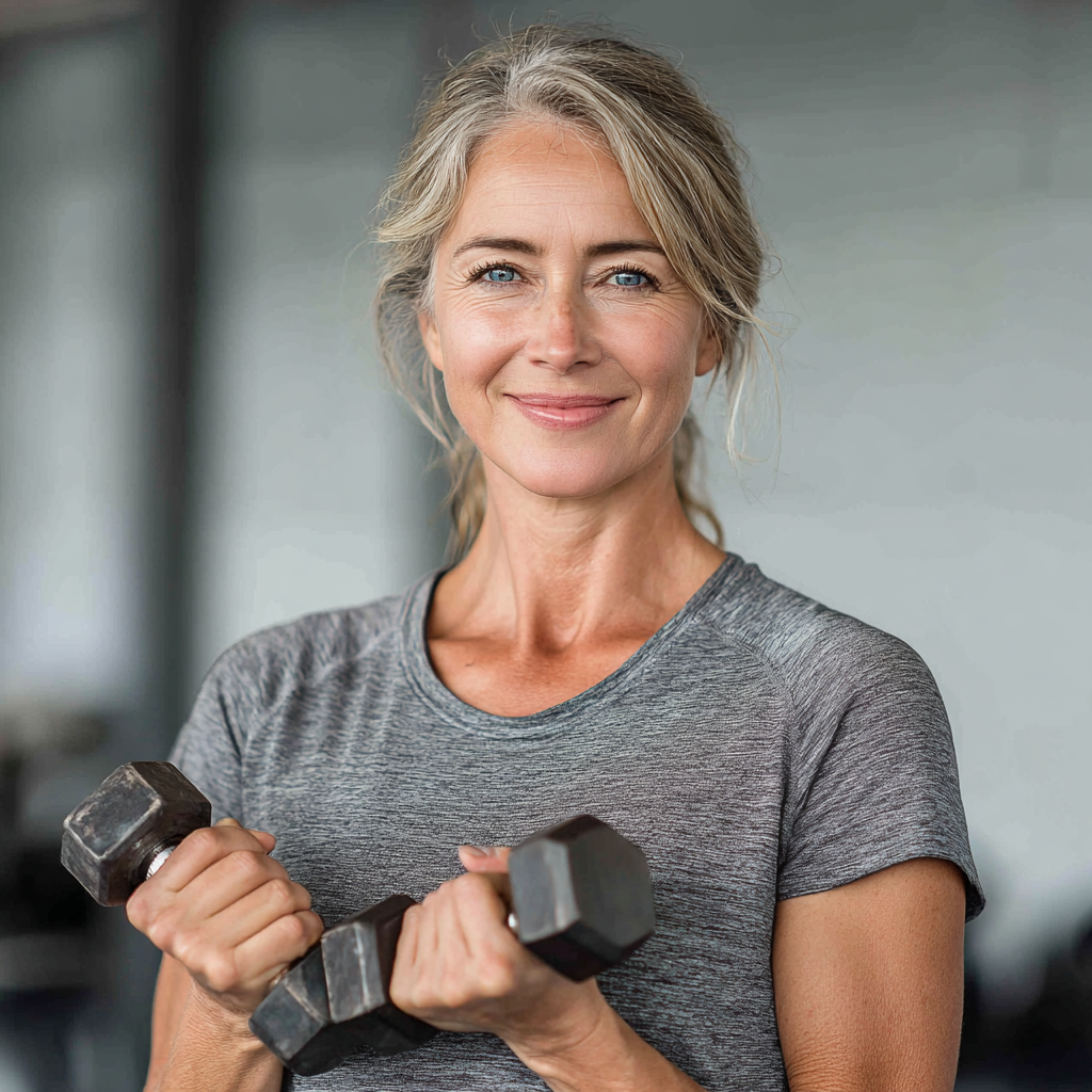 Confident middle-aged woman in athletic wear holding dumbbells in a bright, modern fitness studio, demonstrating strength training exercises