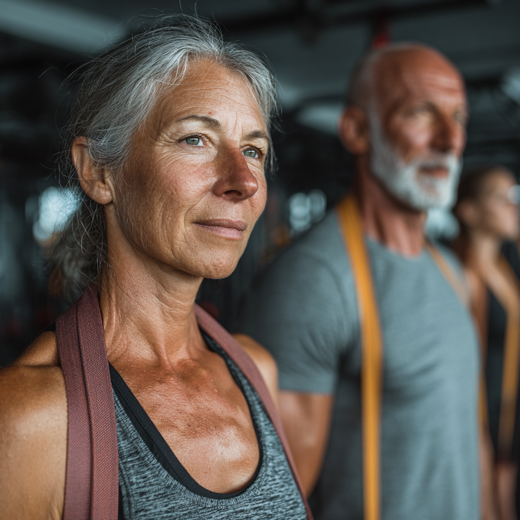 Mature adults engaged in functional fitness training, working with resistance bands and bodyweight exercises in a modern gym setting